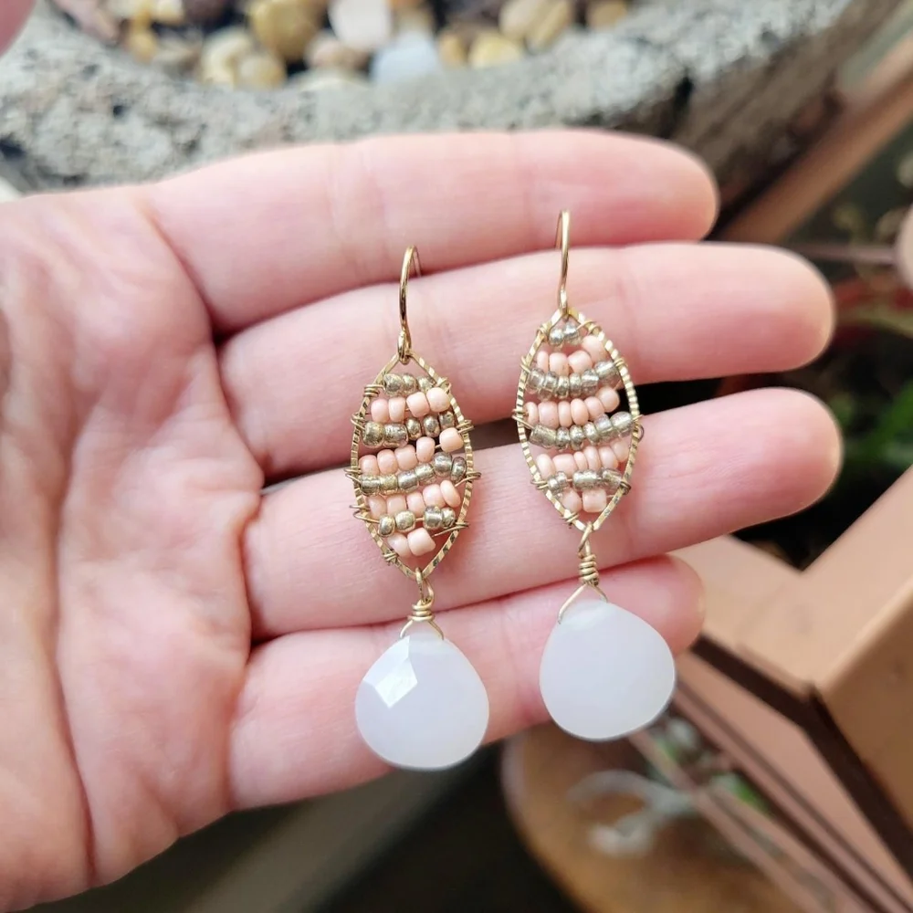 Handmade Pink & White Beaded Dangle Drop Hook Earrings